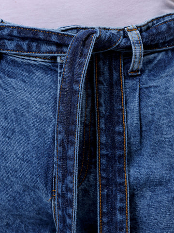 Men's Blue Loose Fit Solid Mid-Rise Capri Jeans