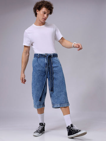 Men's Blue Loose Fit Solid Mid-Rise Capri Jeans