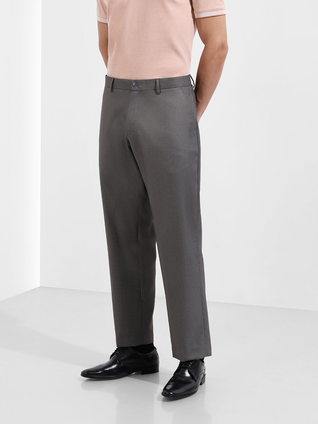 Men's Grey Regular Fit Solid Formal Trouser