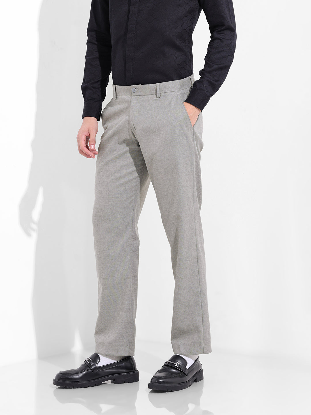 Men's Grey Regular Fit Solid Formal Trouser