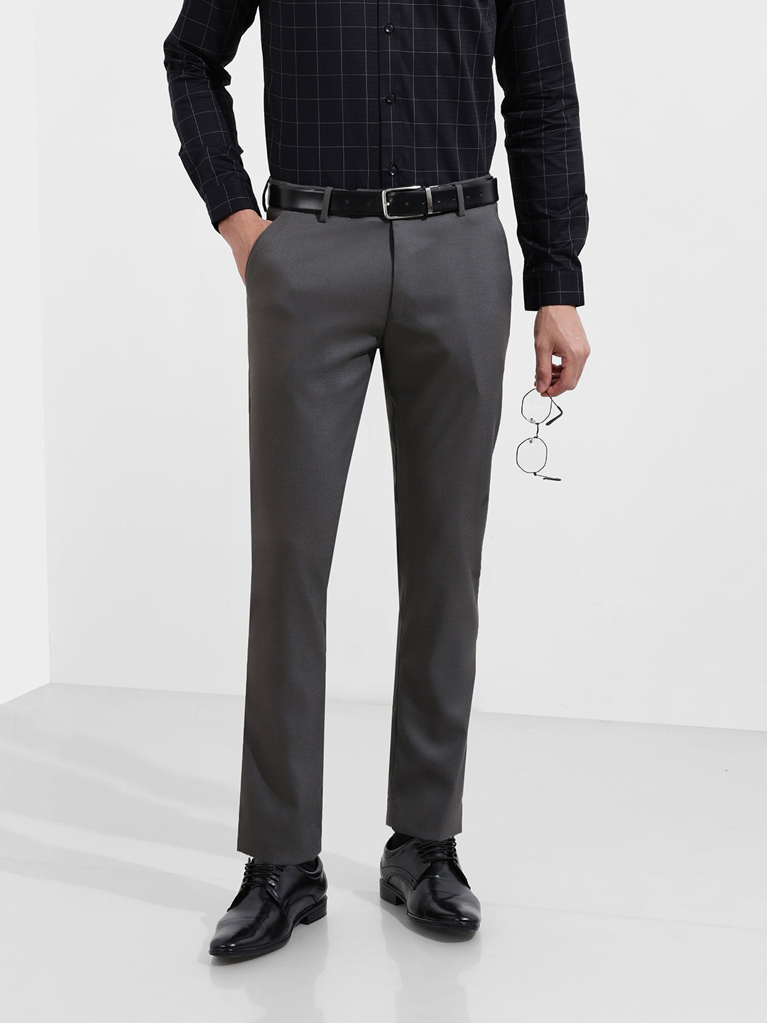 Men's Gun Metal Slim Fit Solid Formal Trouser