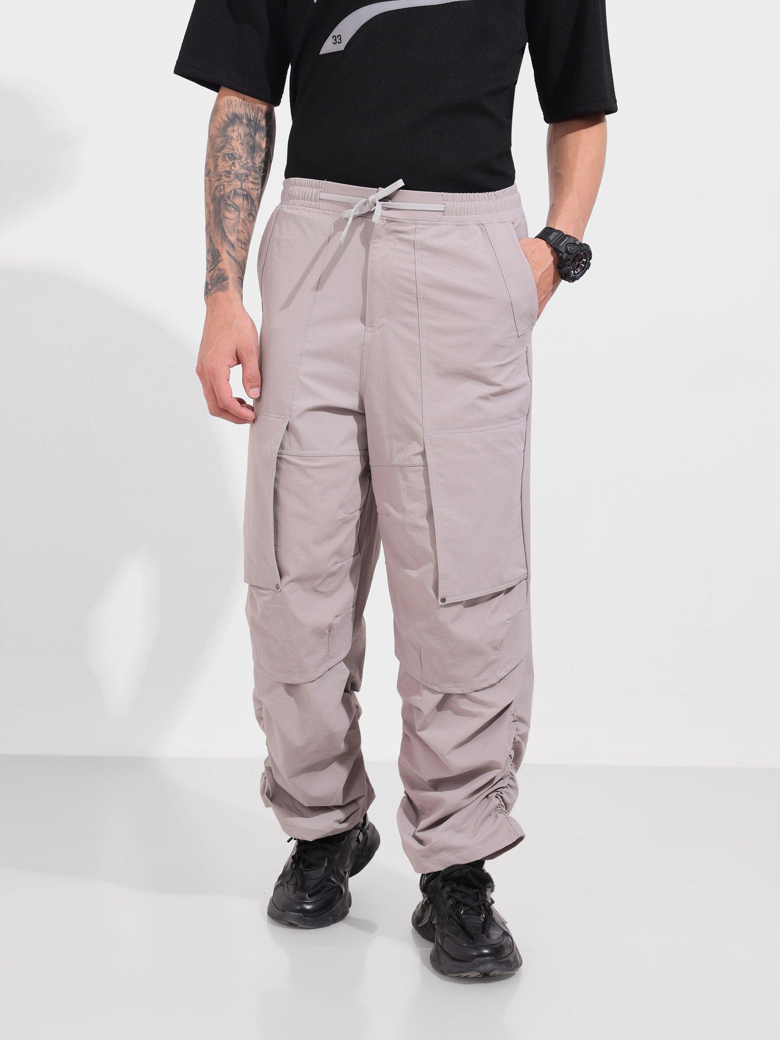 Men's Grey Baggy Fit Solid Utility Trousers