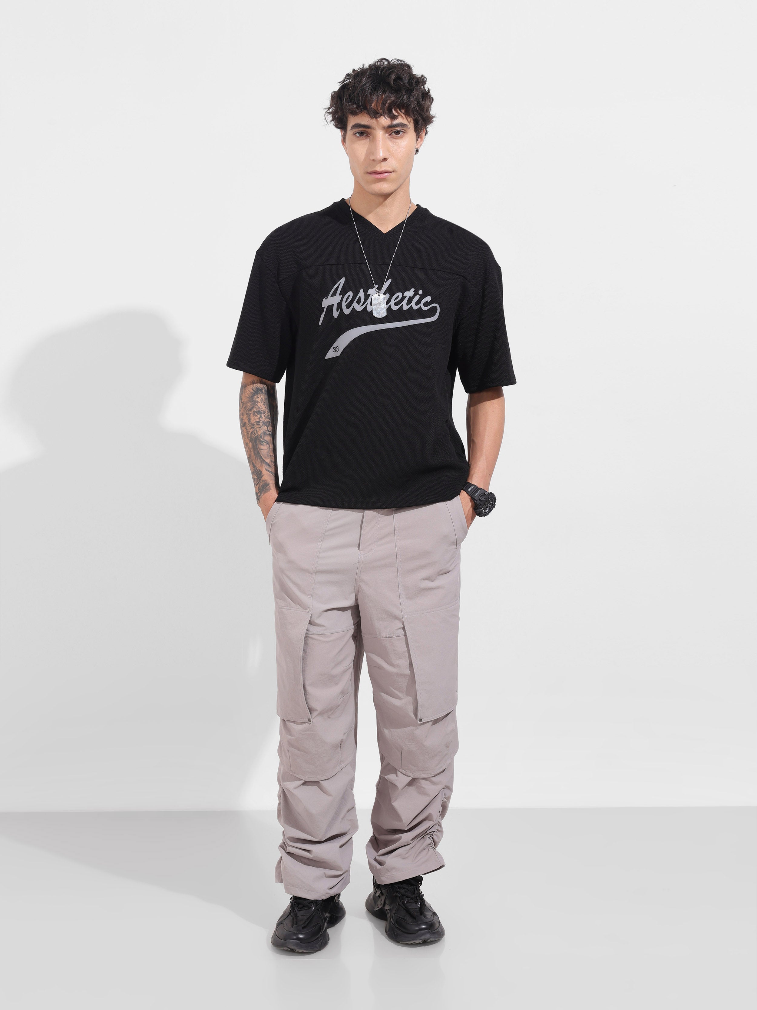 Men's Grey Baggy Fit Solid Utility Trousers