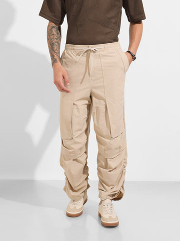 Men's Beige Baggy Fit Solid Utility Trousers