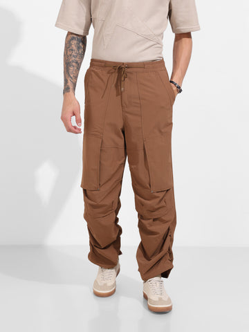 Men's Brown Baggy Fit Solid Utility Trousers