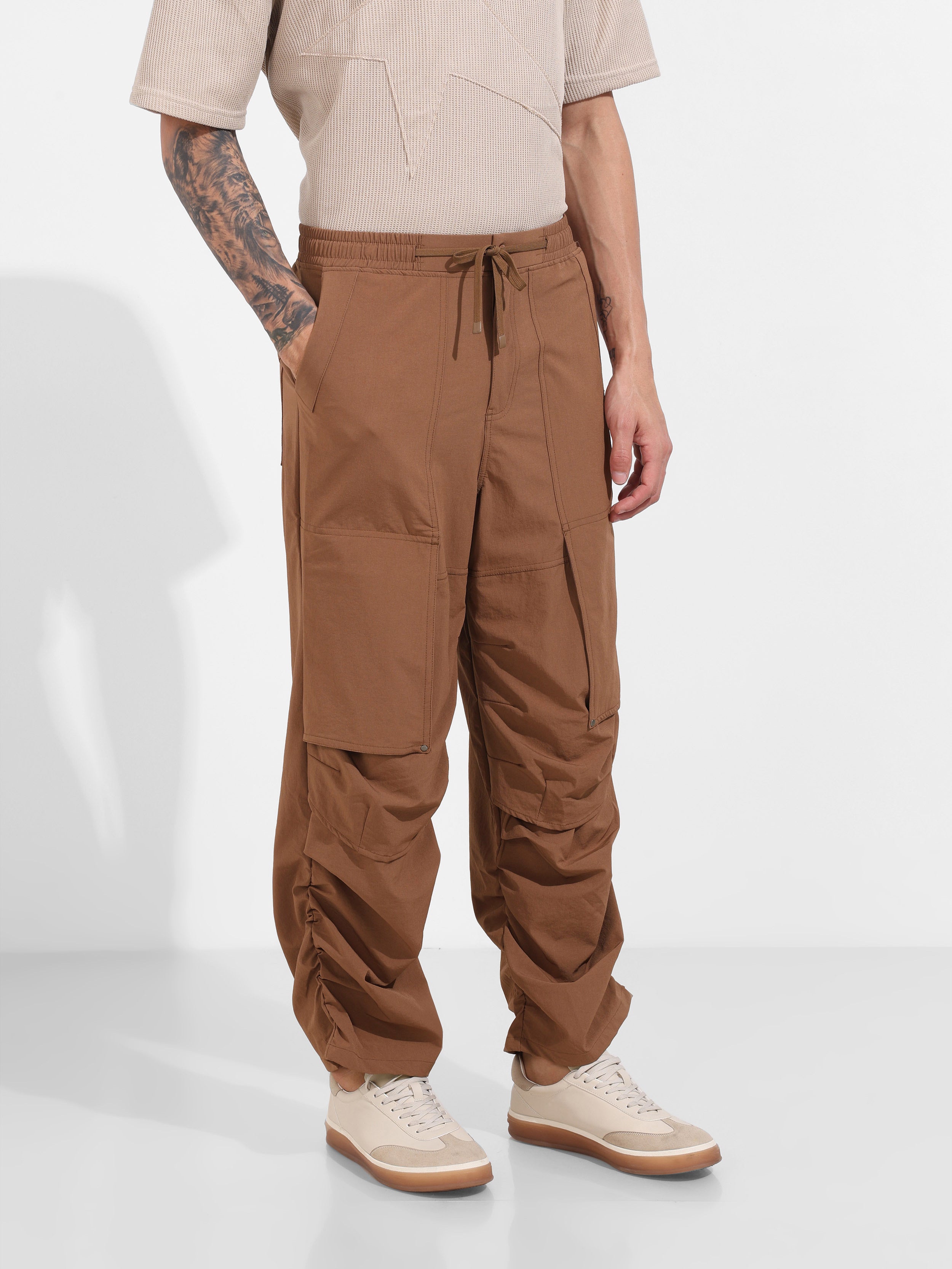 Men's Brown Baggy Fit Solid Utility Trousers