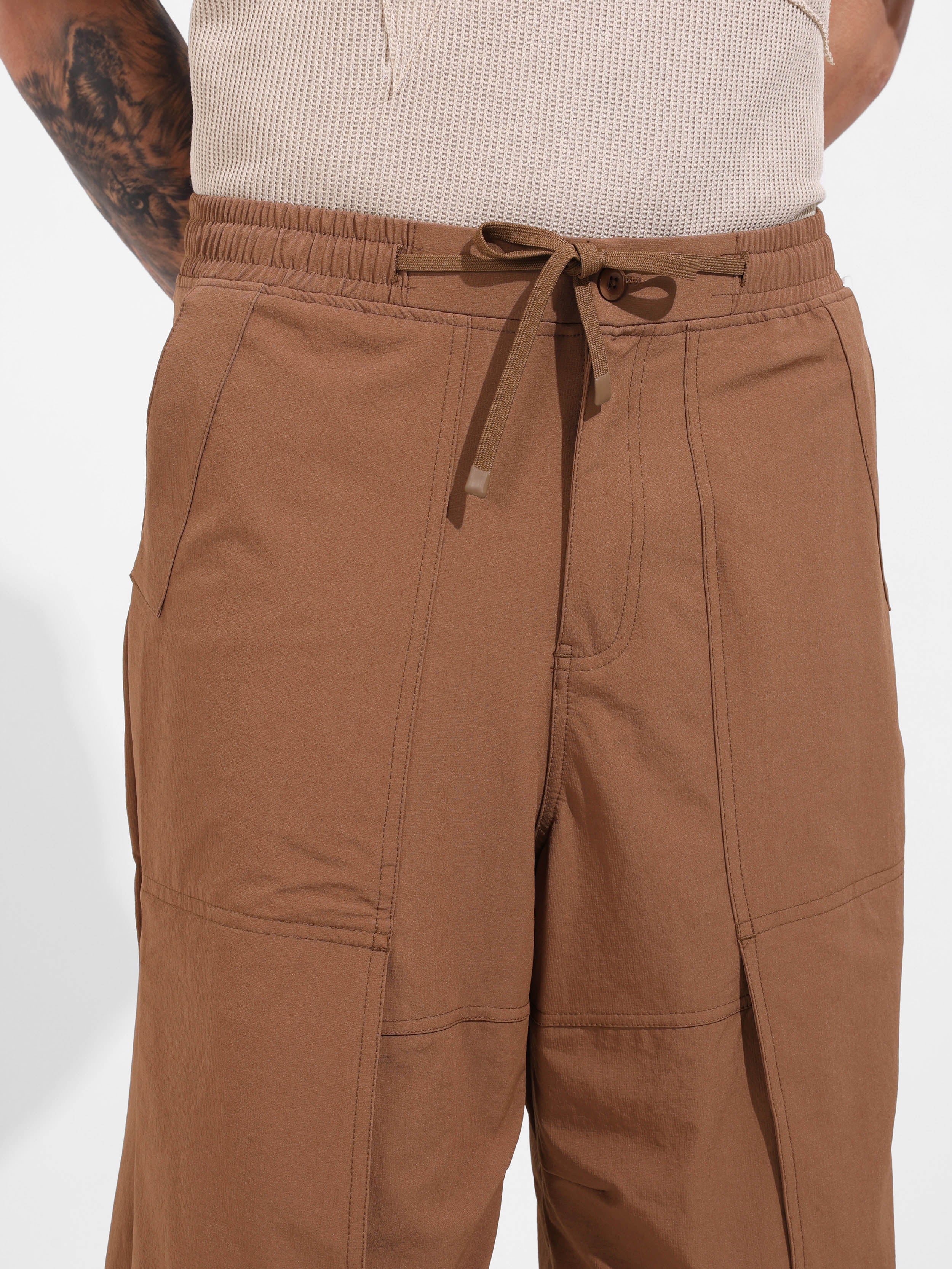 Men's Brown Baggy Fit Solid Utility Trousers