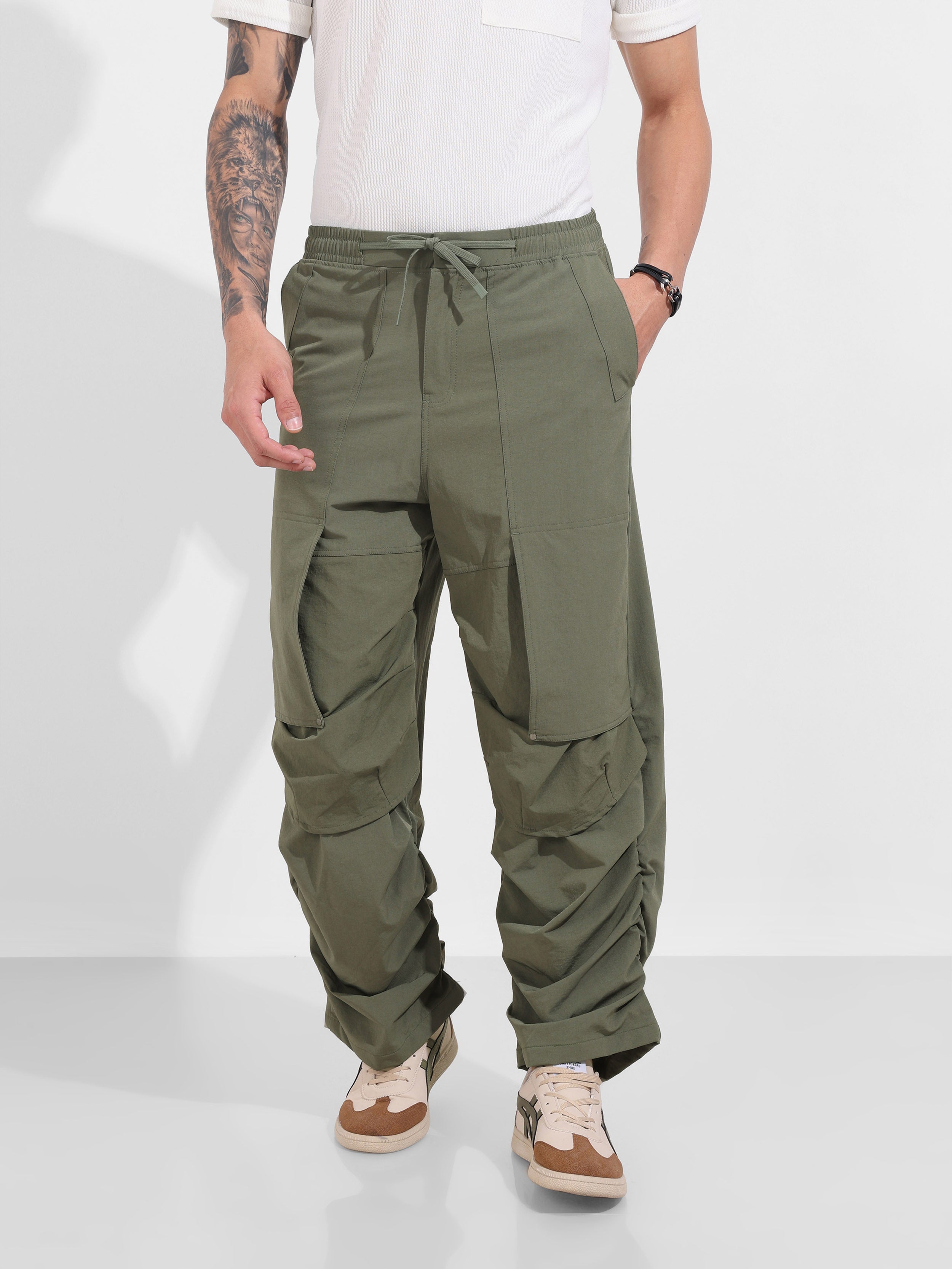 Men's Olive Baggy Fit Solid Utility Trousers