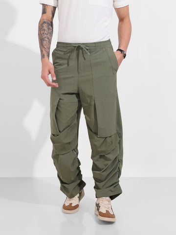 Men's Olive Baggy Fit Solid Utility Trousers