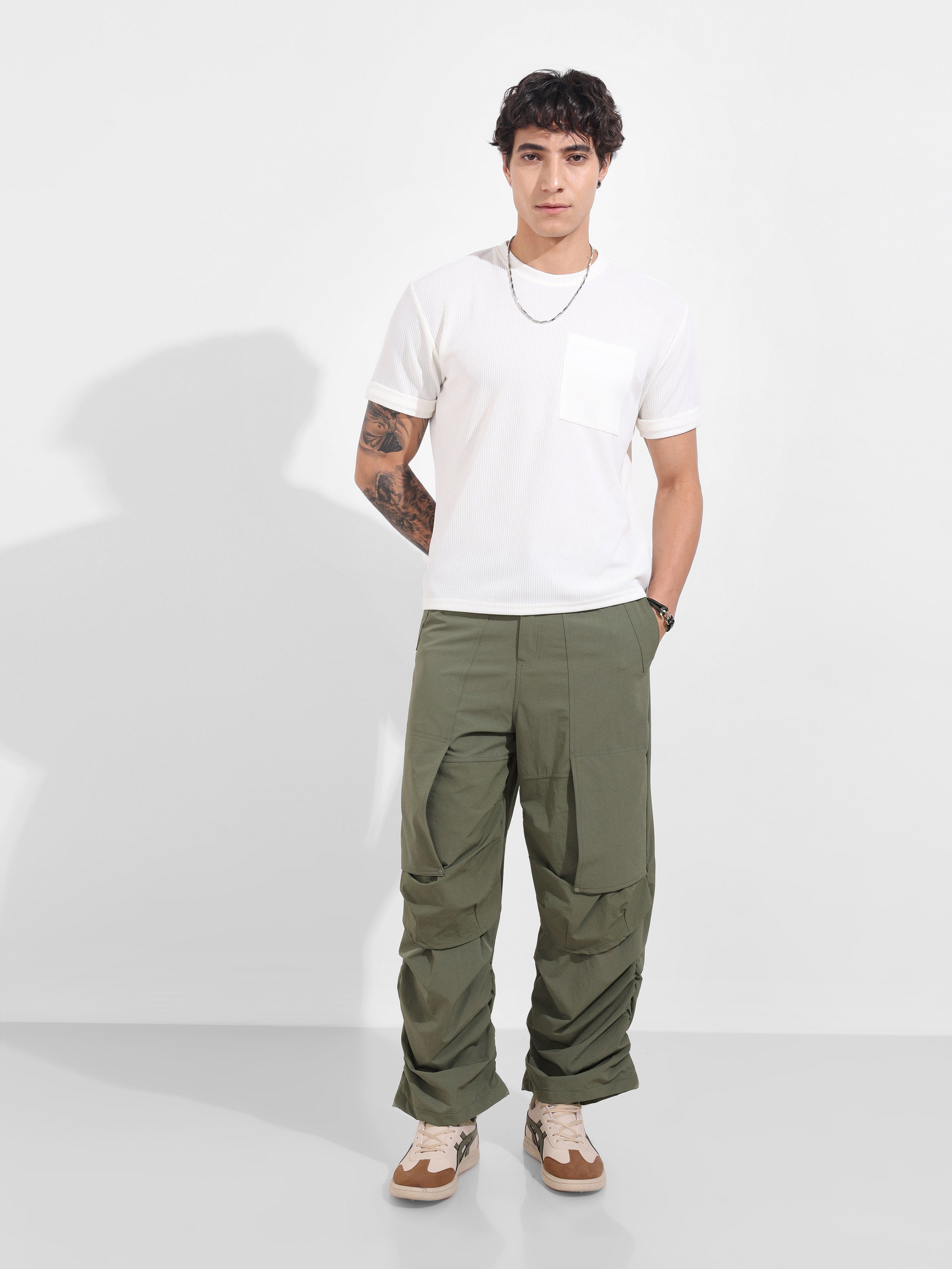 Men's Olive Baggy Fit Solid Utility Trousers