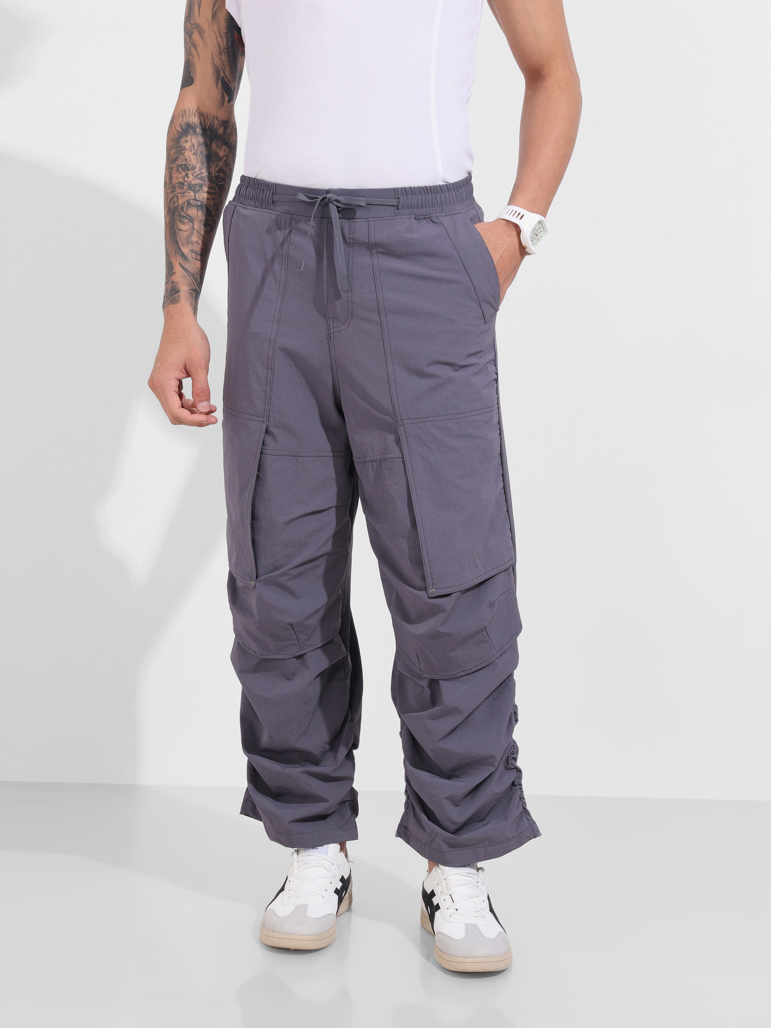 Men's Grey Baggy Fit Solid Utility Trousers