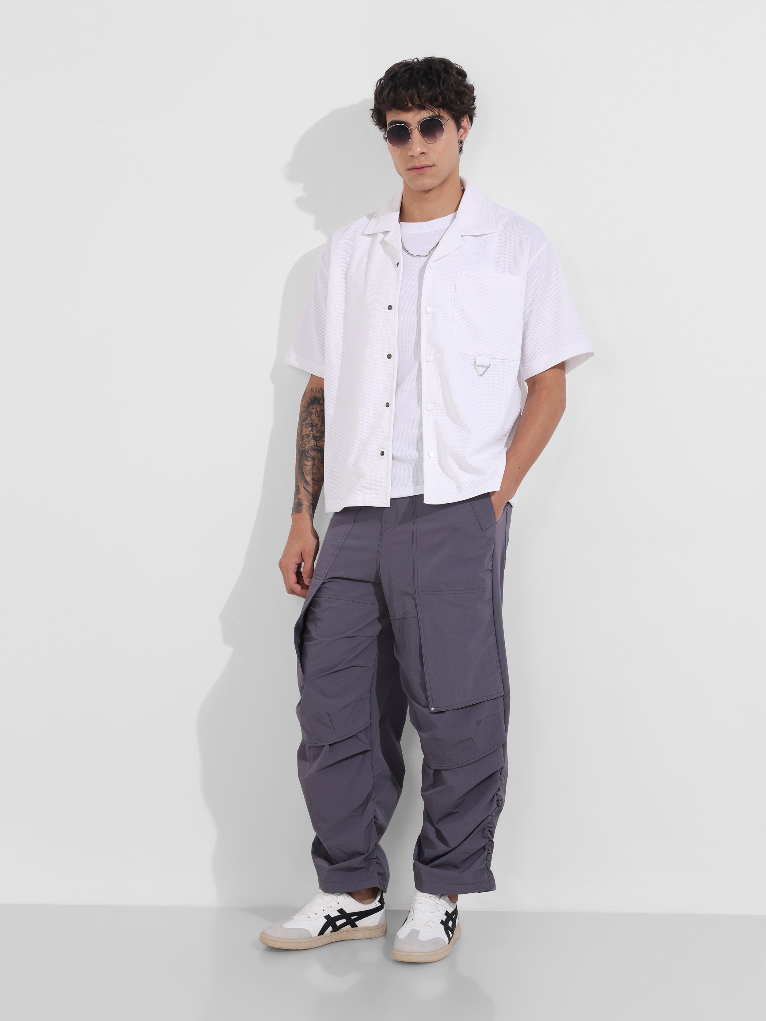 Men's Grey Baggy Fit Solid Utility Trousers