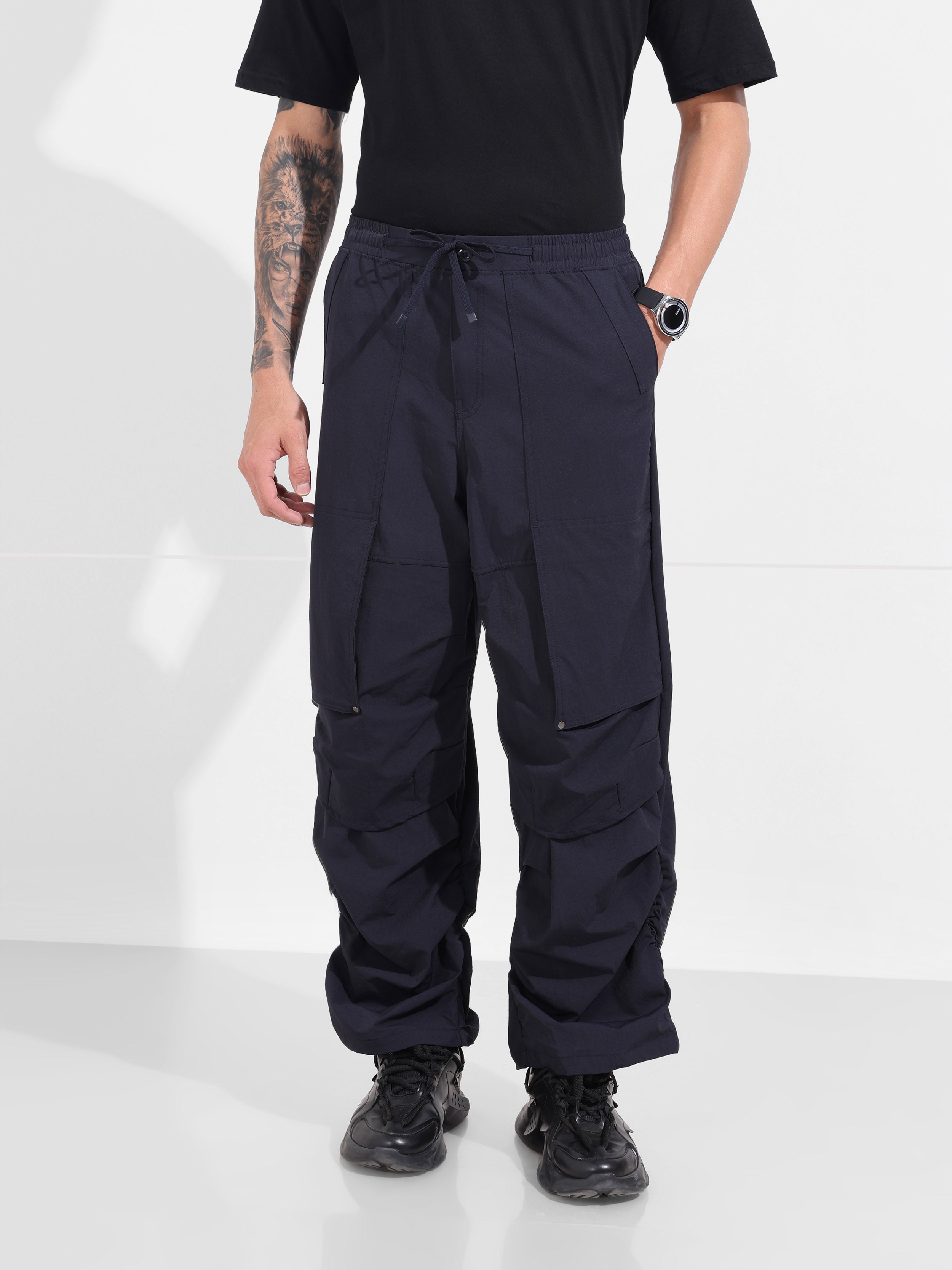Men's Navy Blue Baggy Fit Solid Utility Trousers