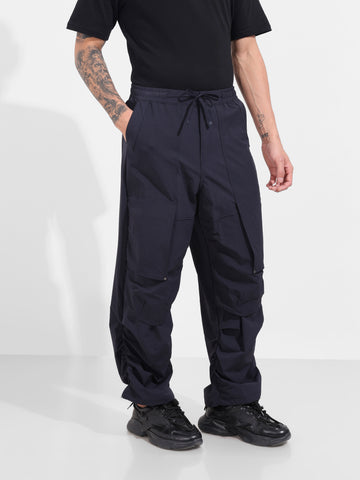 Men's Navy Blue Baggy Fit Solid Utility Trousers