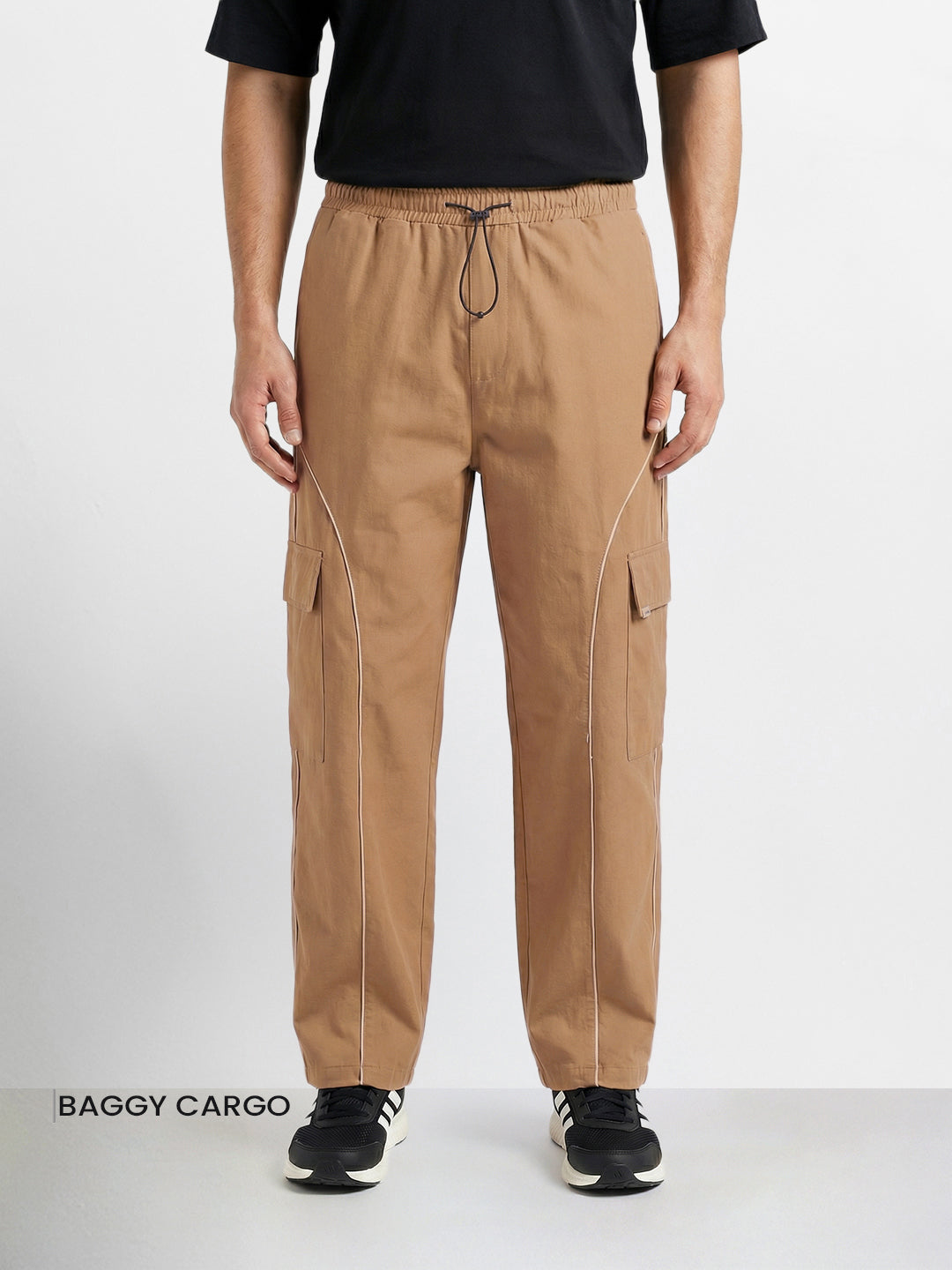 Men's Khaki Baggy Fit Solid Utility Cargo