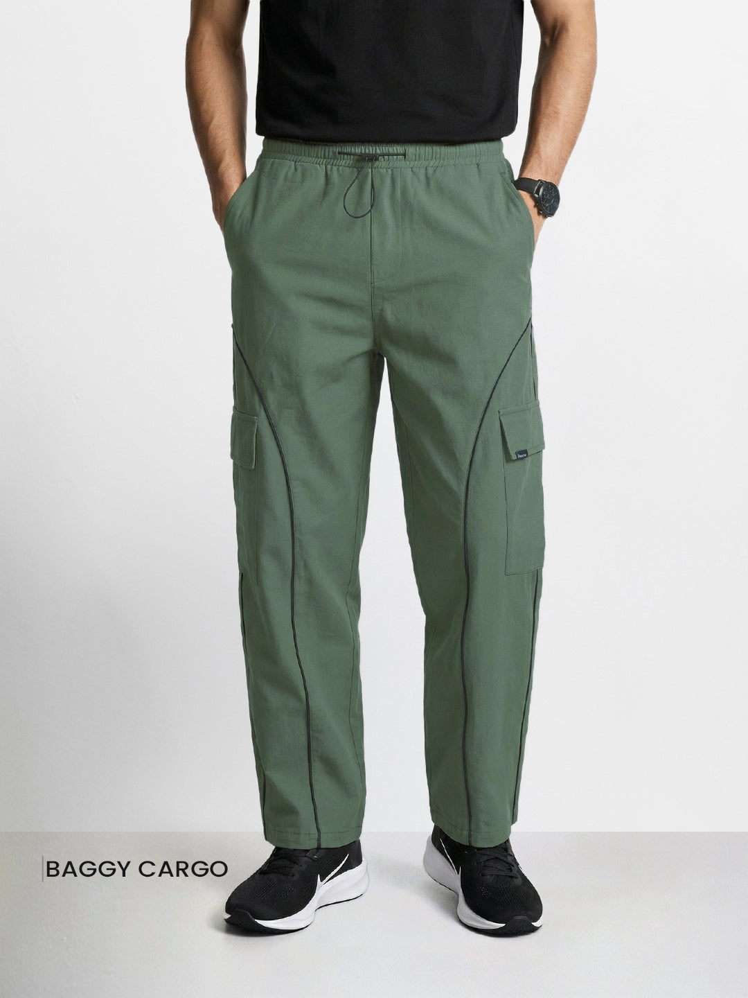 Men's Olive Baggy Fit Solid Utility Cargo