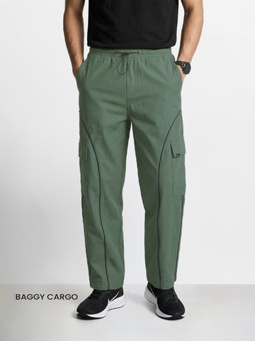 Men's Olive Baggy Fit Solid Utility Cargo