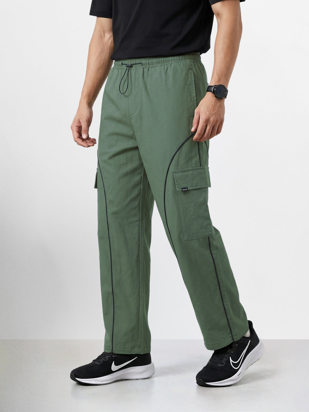 Men's Olive Baggy Fit Solid Utility Cargo