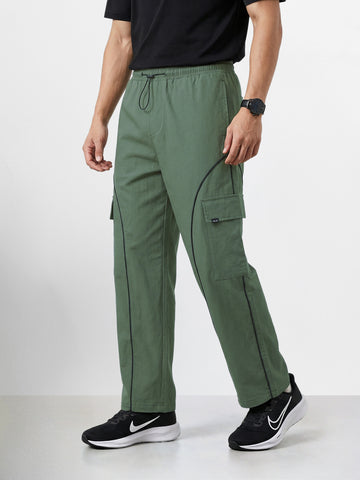 Men's Olive Baggy Fit Solid Utility Cargo