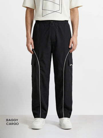Men's Black Baggy  Fit Solid Utility Cargo