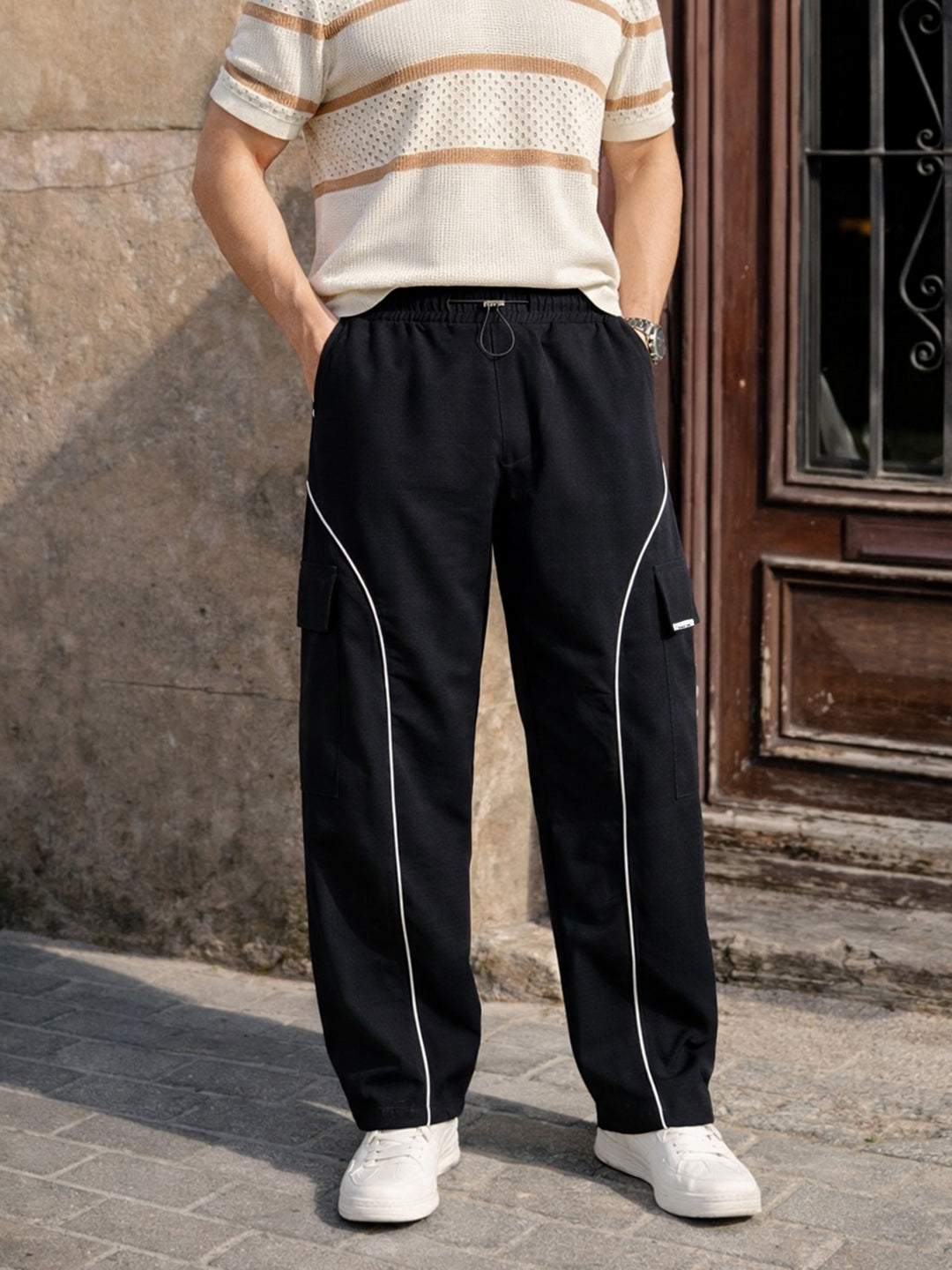 Men's Black Baggy  Fit Solid Utility Cargo