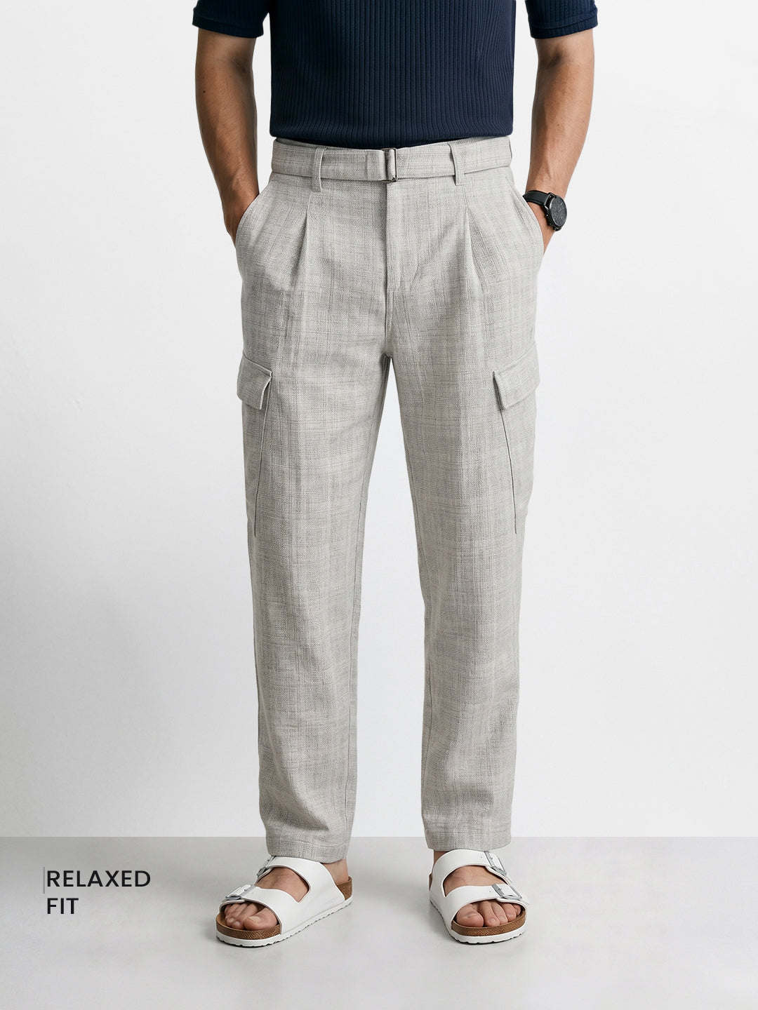 Men's Grey Relaxed Fit Solid Casual Cargo