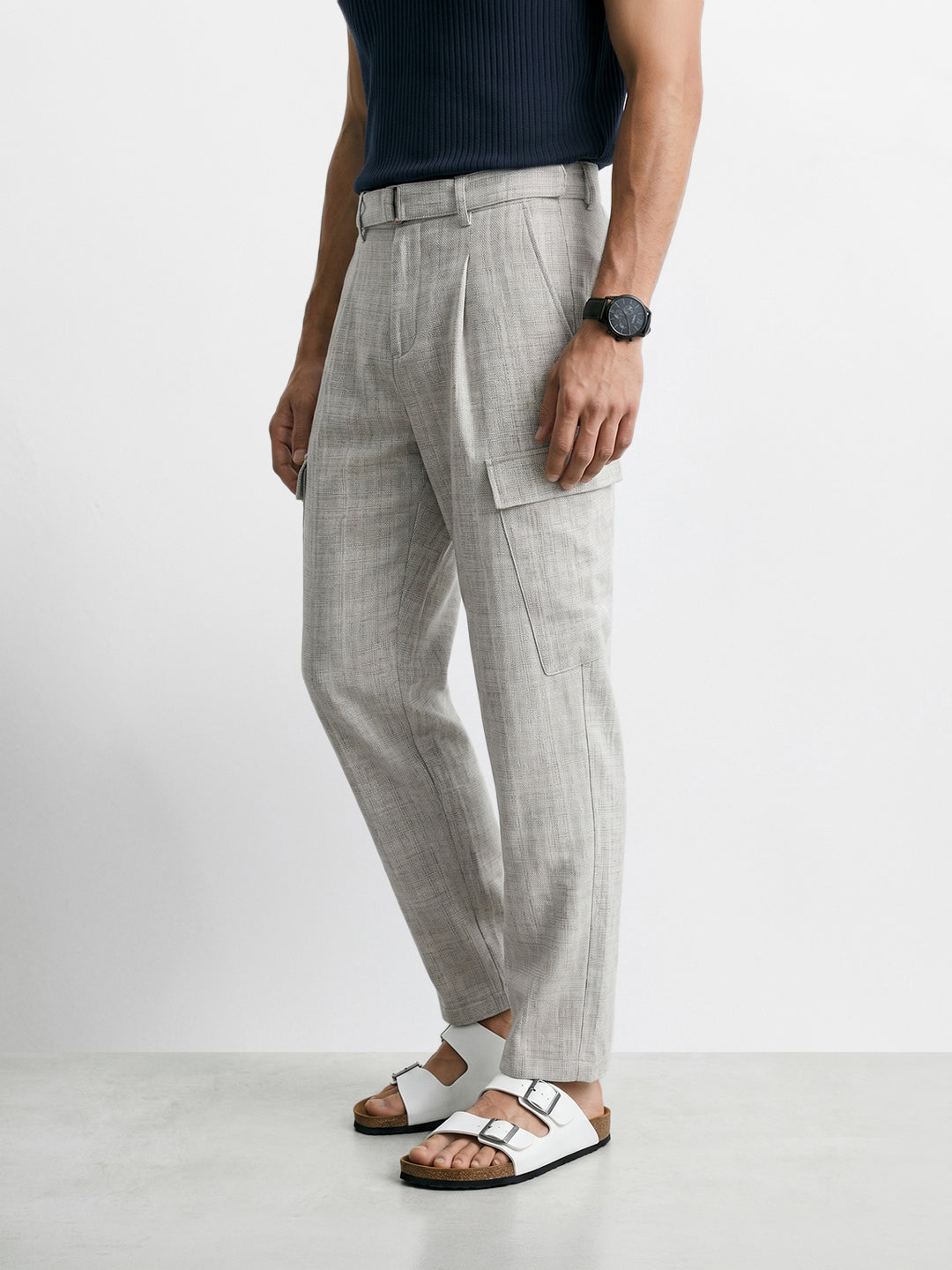 Men's Grey Relaxed Fit Solid Casual Cargo