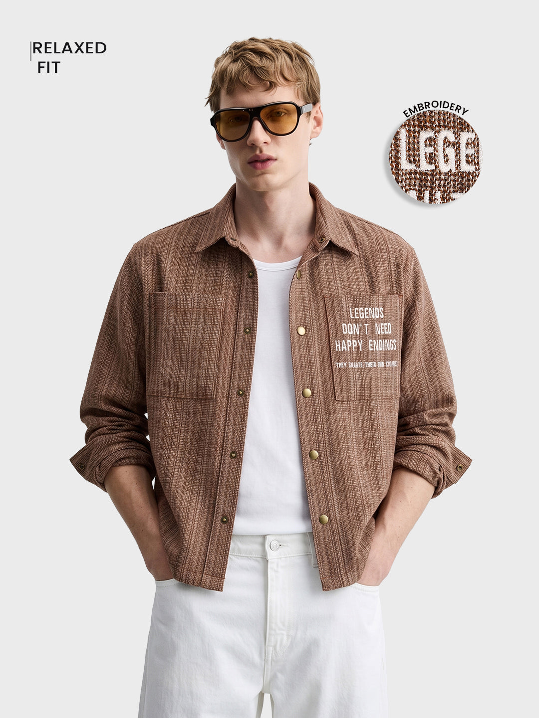 Men's Brown Relaxed Fit Embroidered Casual Jacket