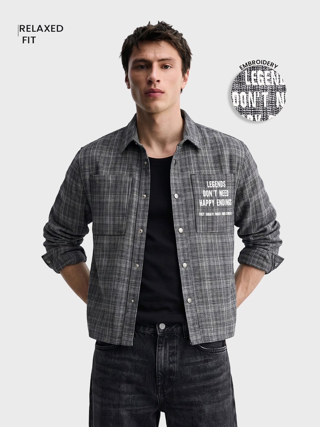 Men's Black Relaxed Fit Embroidered Casual Jacket