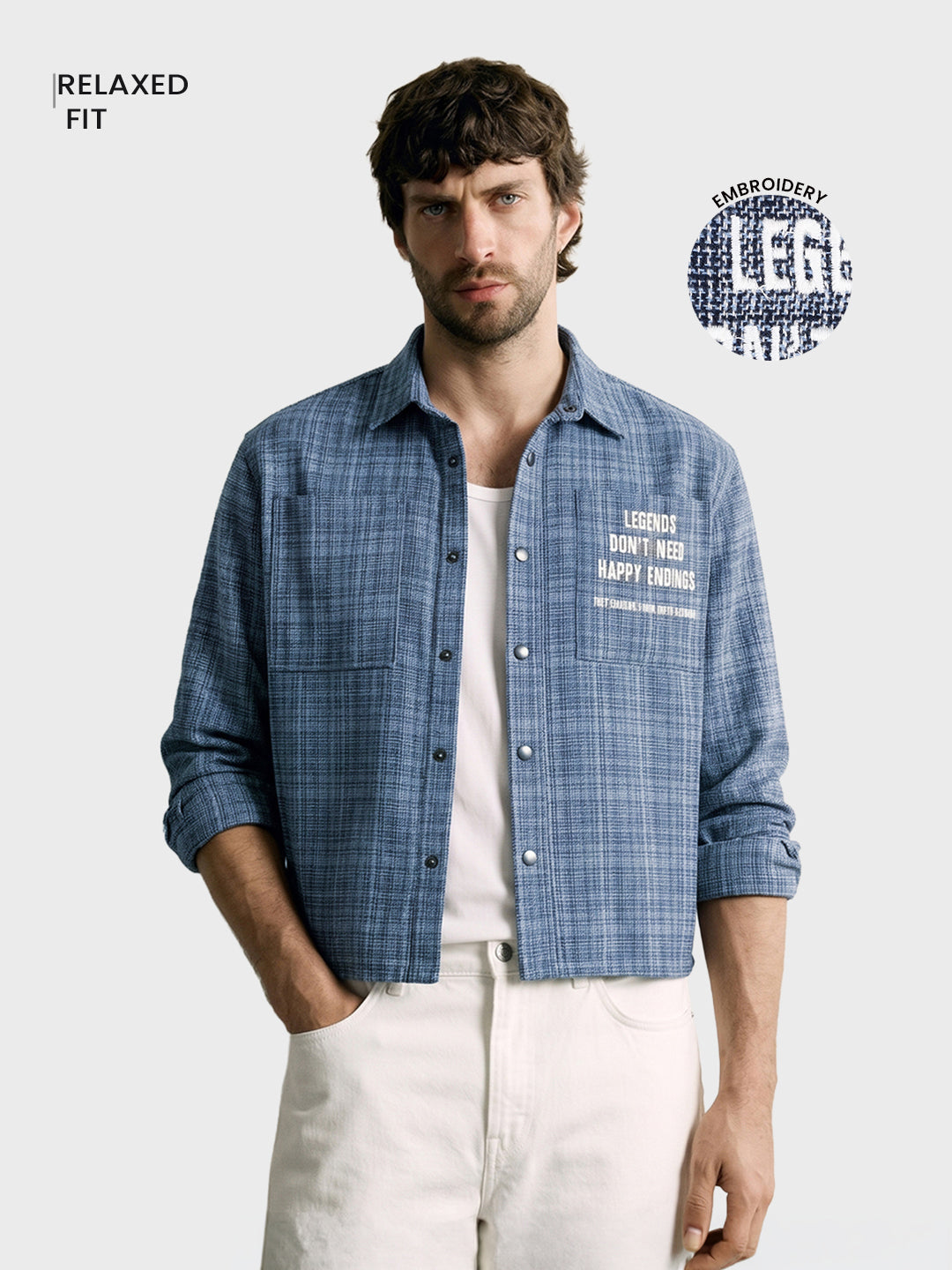 Men's Blue Relaxed Fit Embroidered Casual Jacket