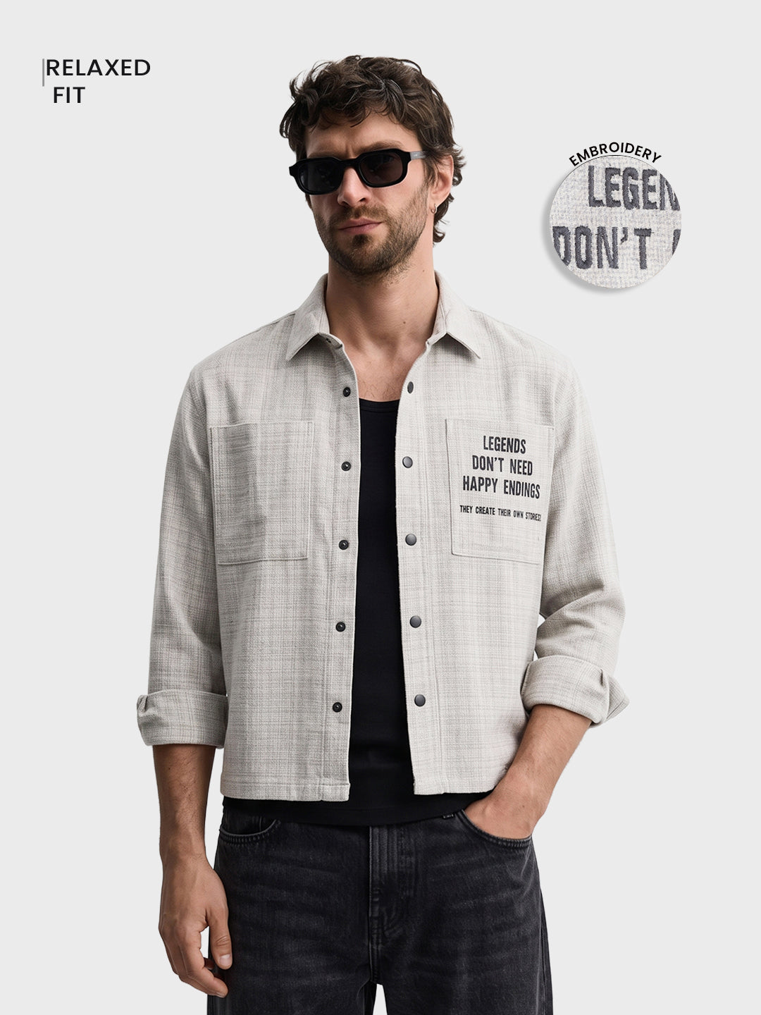 Men's Cream Relaxed Fit Embroidered Casual Jacket