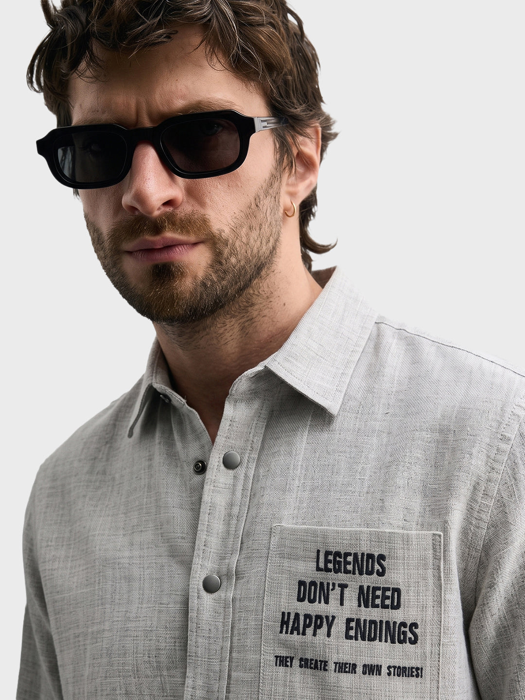 Men's Cream Relaxed Fit Embroidered Casual Jacket