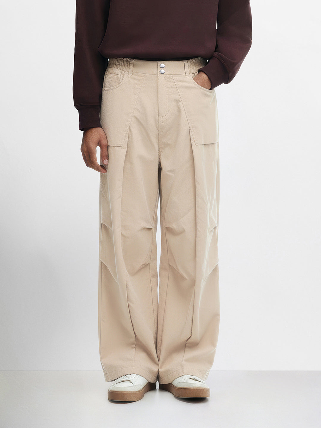 Men's Beige Loose Fit Solid Utility Trousers