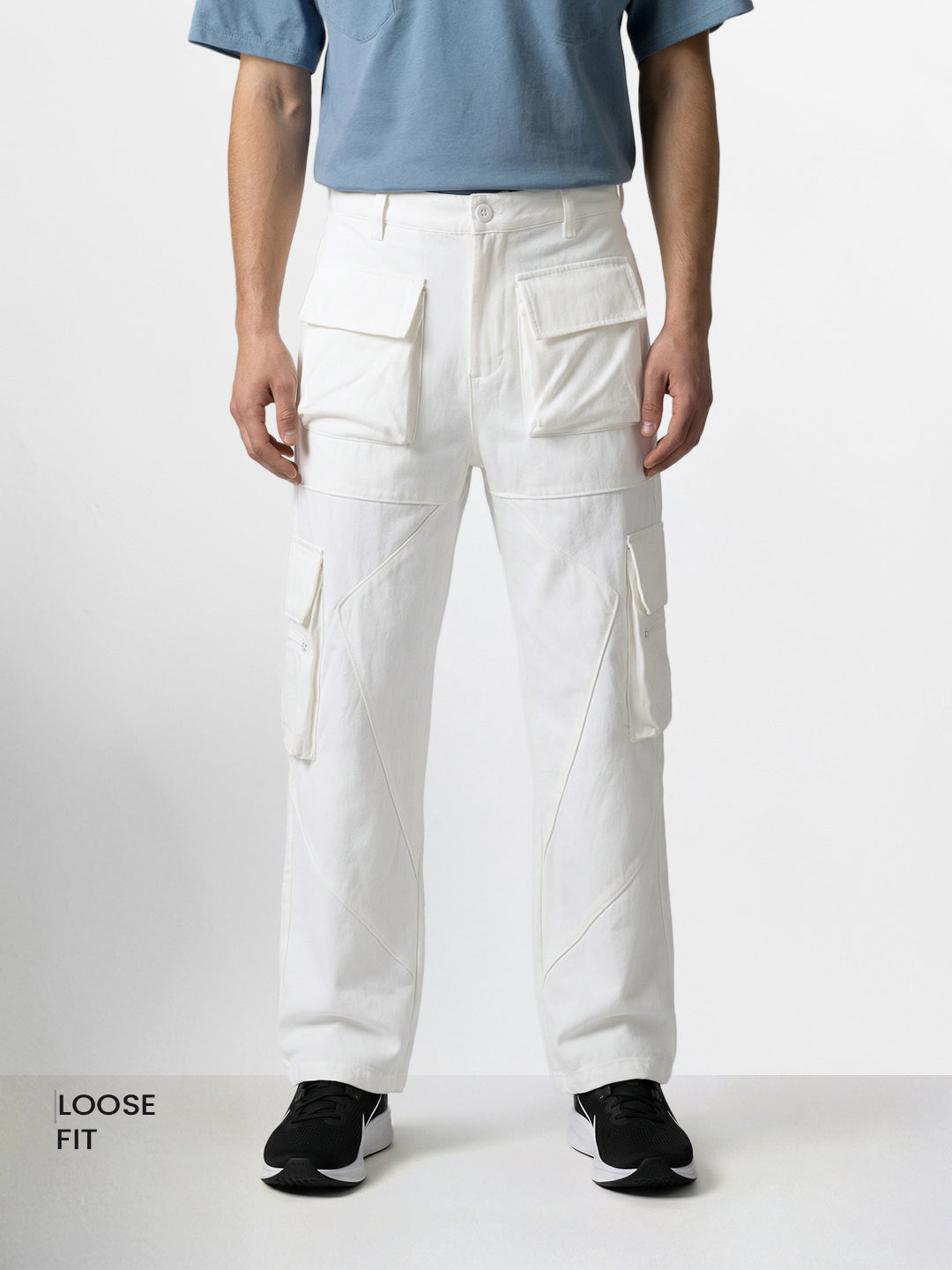 Men's White Loose Fit Solid Utility Cargo