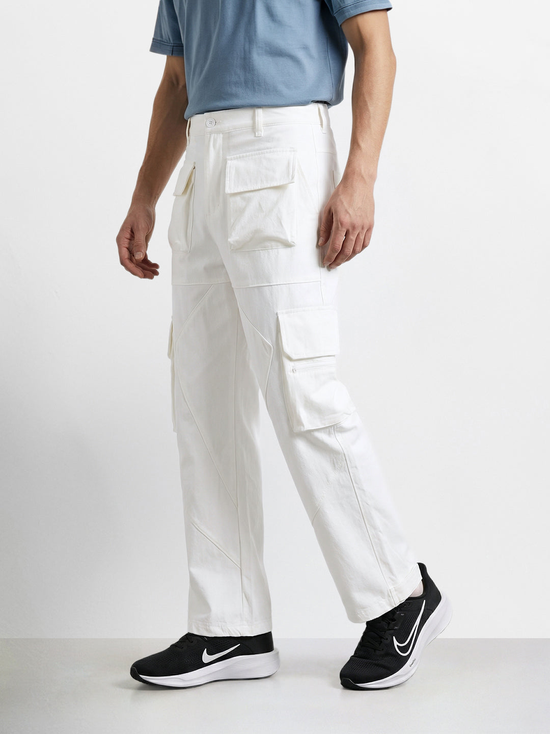Men's White Loose Fit Solid Utility Cargo