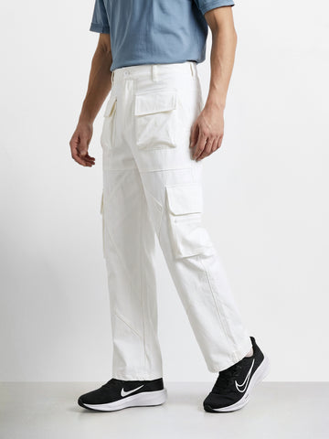 Men's White Loose Fit Solid Utility Cargos
