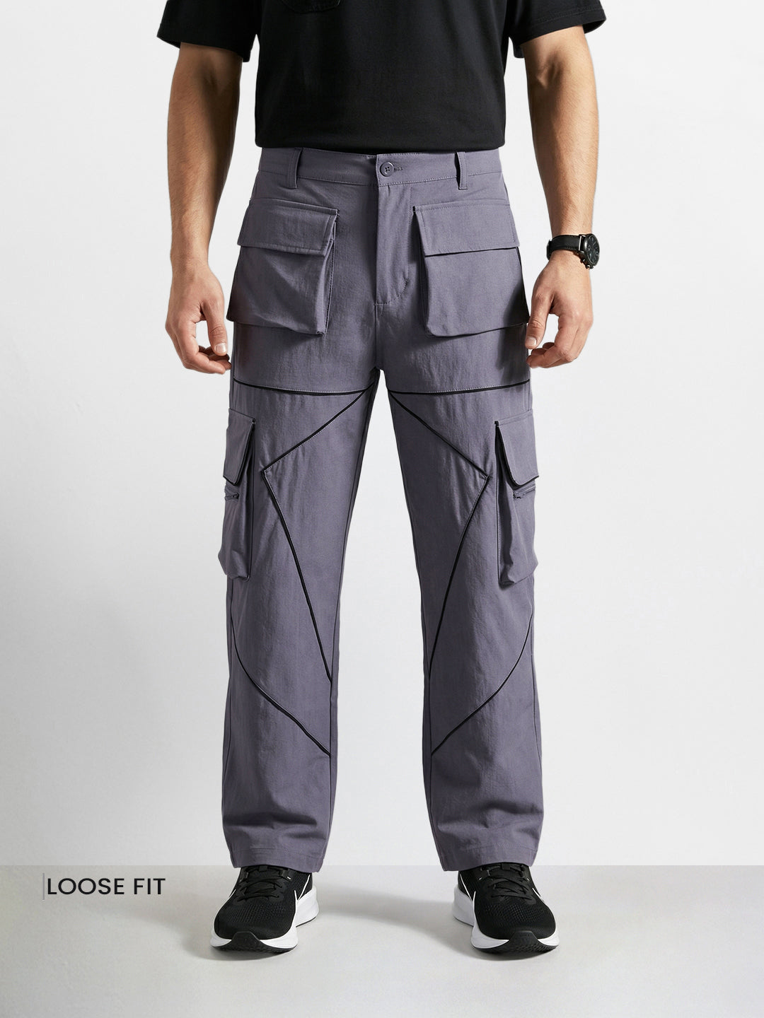 Men's Grey Loose Fit Solid Utility Cargo
