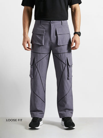 Men's Grey Loose Fit Solid Utility Cargo