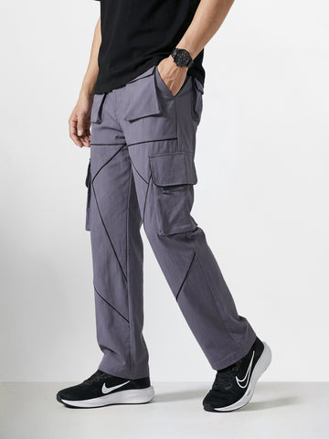 Men's Grey Loose Fit Solid Utility Cargo