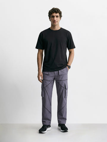 Men's Grey Loose Fit Solid Utility Cargo