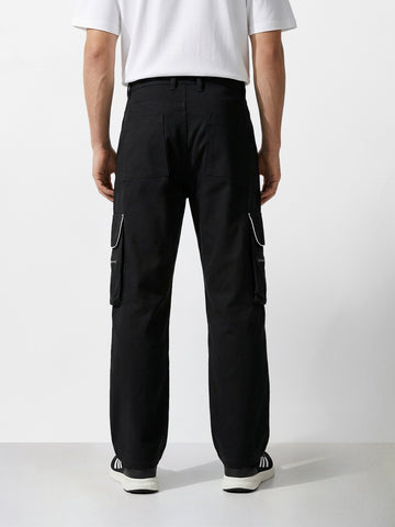 Men's Black Loose Fit Solid Utility Cargo