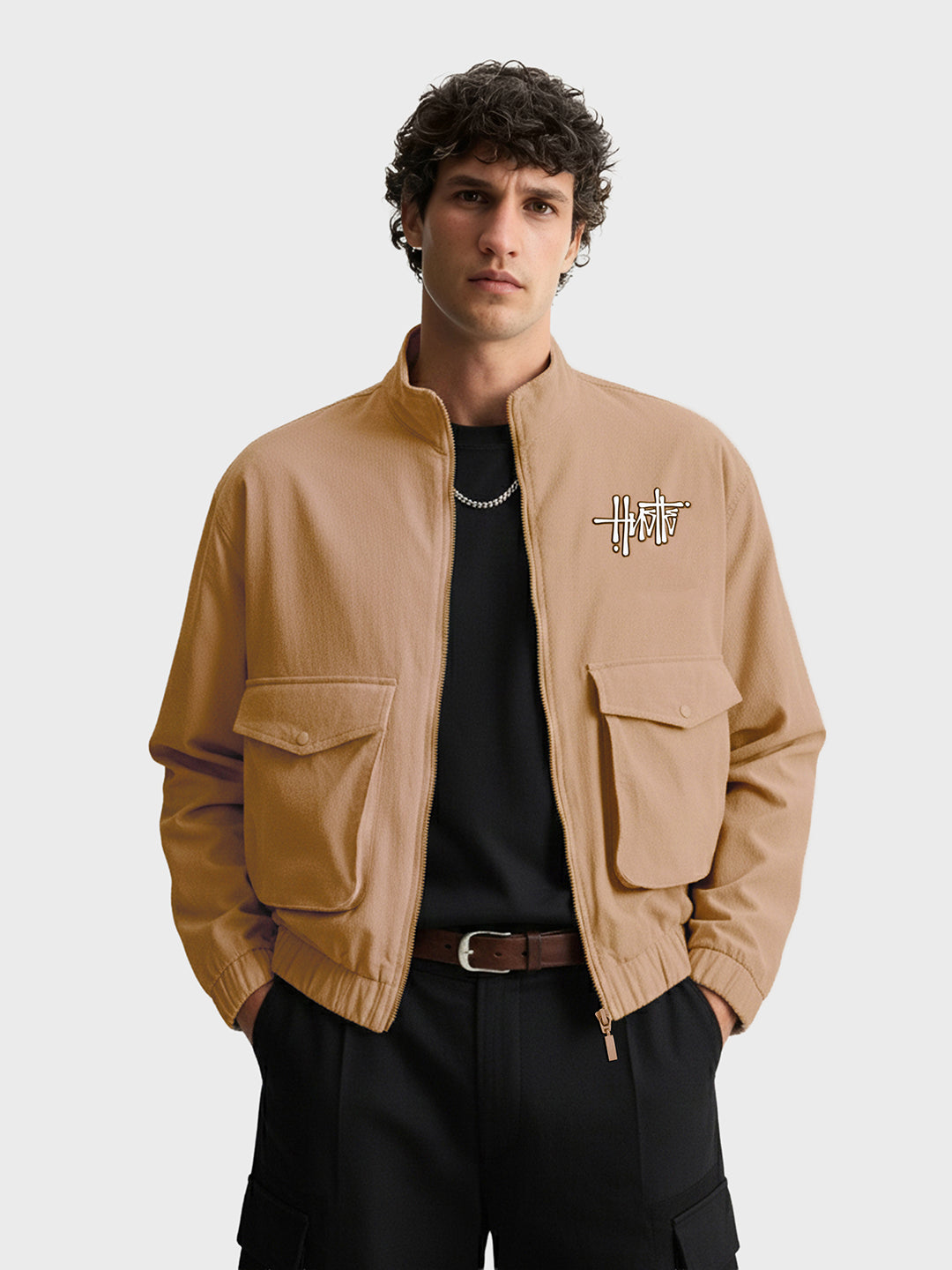 Men's Khaki Relaxed Fit Solid Utility Jacket