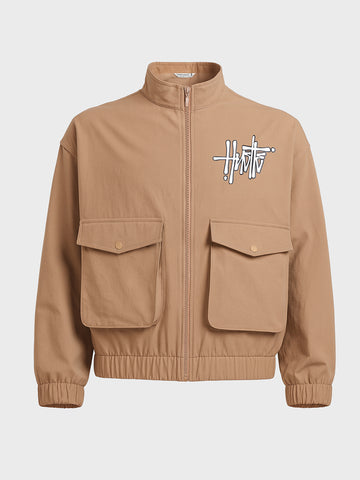 Men's Khaki Relaxed Fit Solid Utility Bomber Jacket