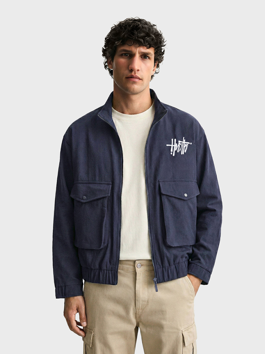 Men's Navy Blue Relaxed Fit Solid Utility Jacket