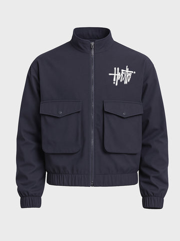 Men's Navy Blue Relaxed Fit Solid Utility Jacket