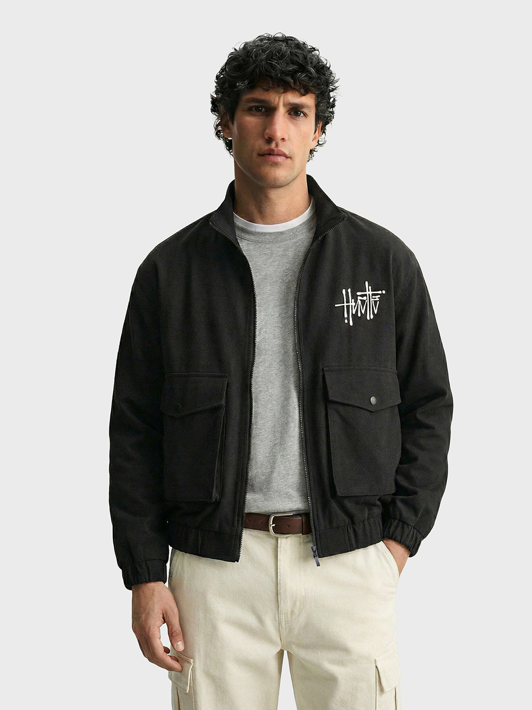Men's Black Relaxed Fit Solid Utility Jacket