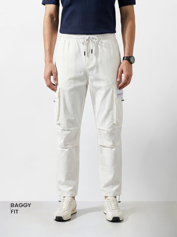 Men's White Baggy Fit Solid Utility Cargo