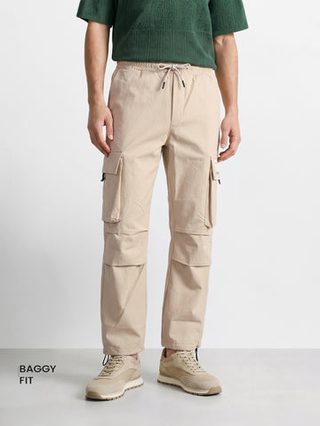 Men's Beige Baggy Fit Solid Utility Cargo