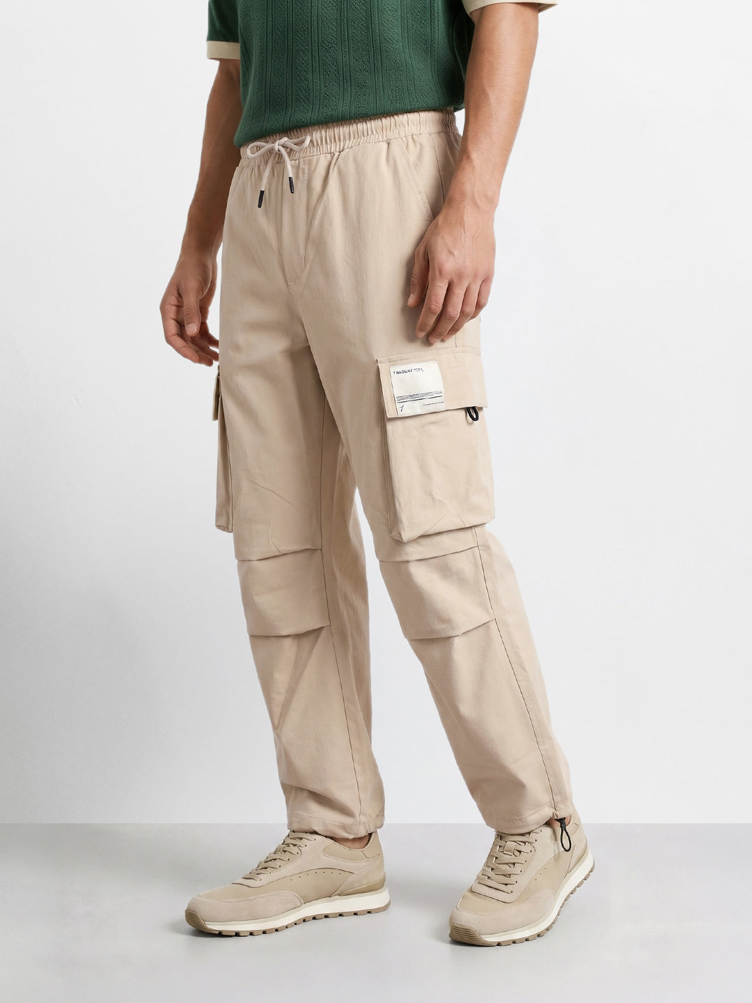 Men's Beige Baggy Fit Solid Utility Cargo