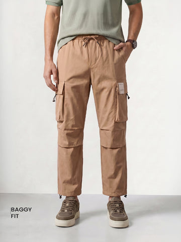 Men's Khaki Baggy Fit Solid Utility Cargo